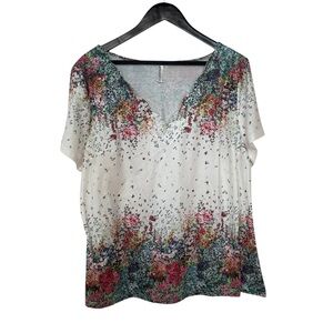 Zolucky Woman's Size 1X White Floral Spring Short Sleeve Blouse NWT